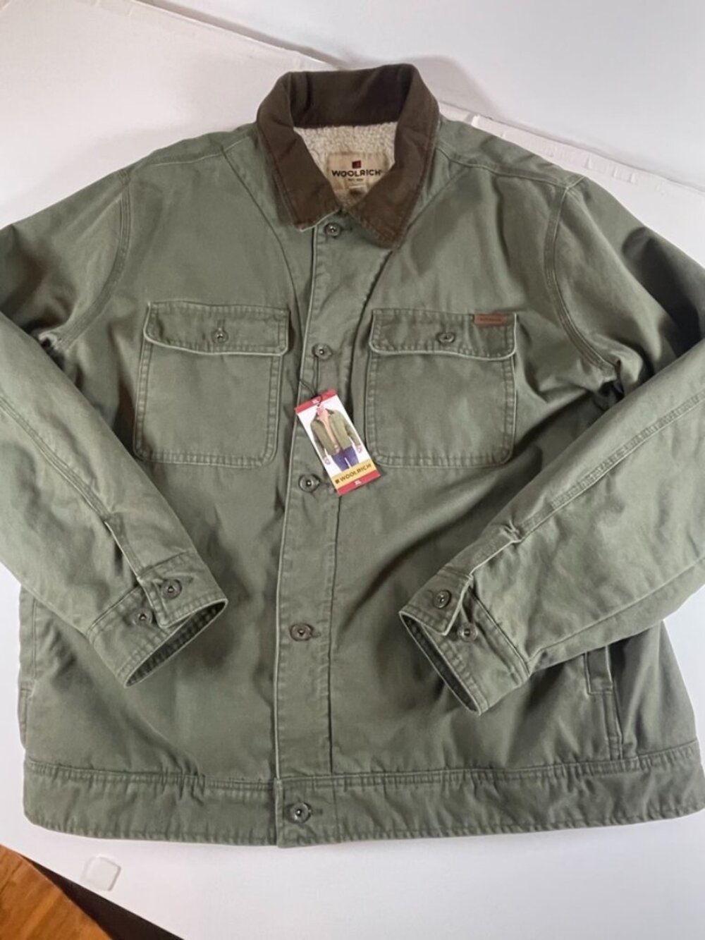 Woolrich Barn Jacket Mens XL Greenish Brown Canvas Sherpa Lined Corduroy Collar